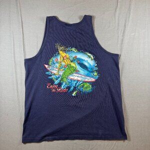 Vintage Hawaiian Island Creations Mermaid Surfing Mens Large Blue Tank Top